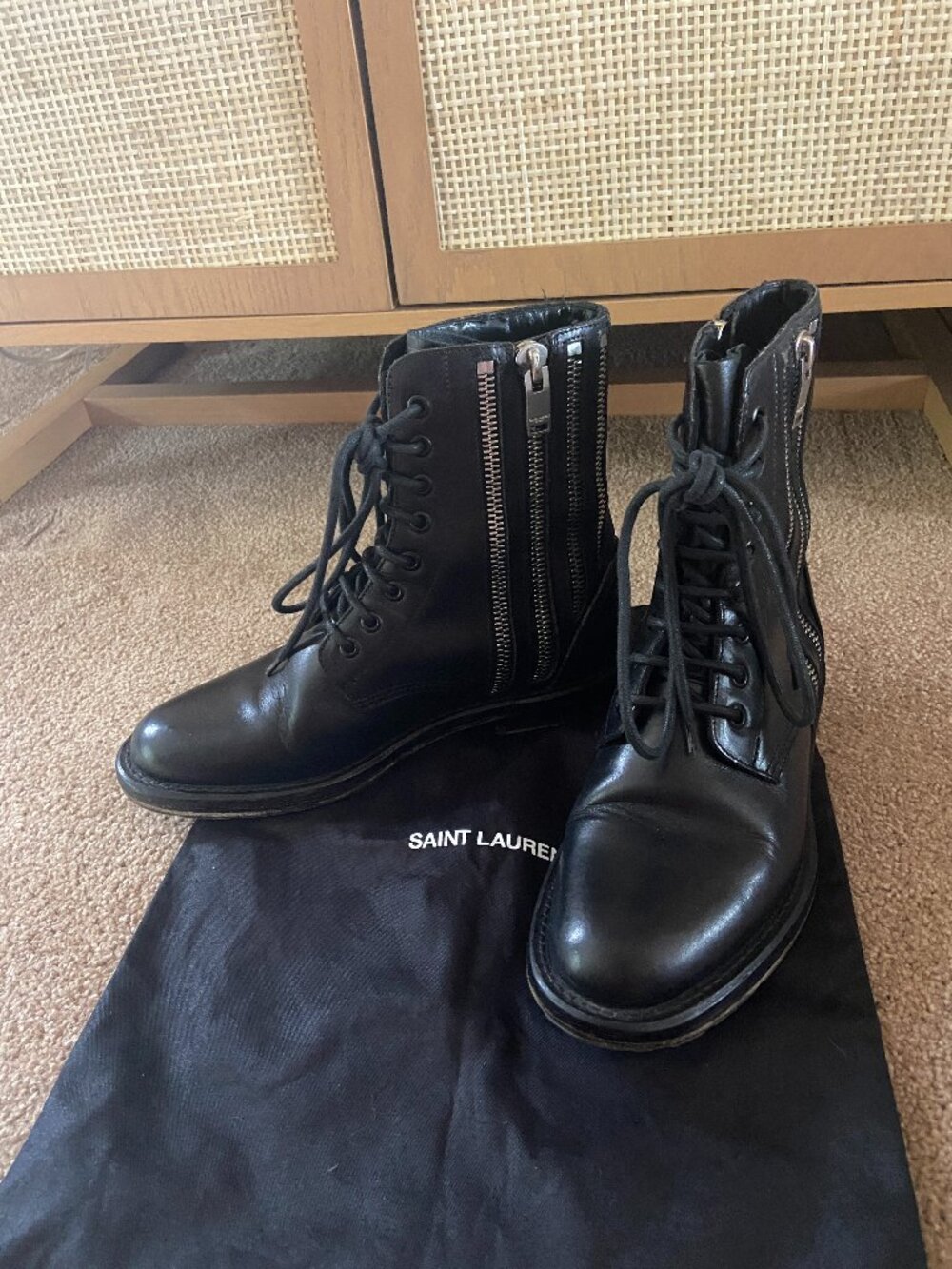 Saint Laurent Zip side zipper Rangers black leather moto biker boot IT 38 US 8